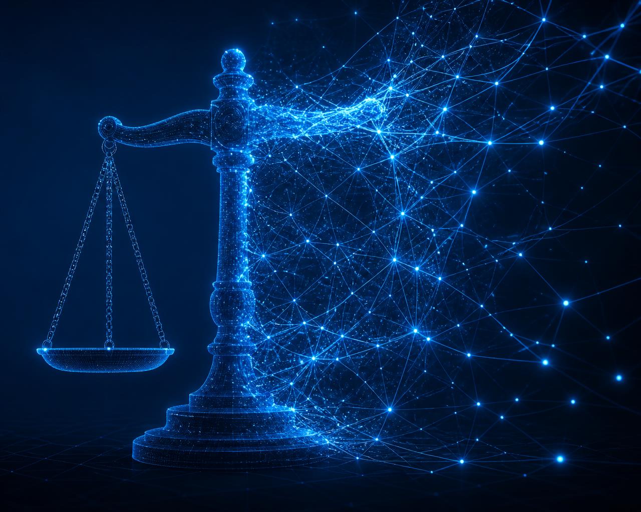 Abstract illustration of a scale of justice merging into a glowing neural network